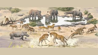 a savannah-like landscape full of animals, depicting an extinct giraffe relative and other land animals that would have existed in northwest China about 16.9 million years ago