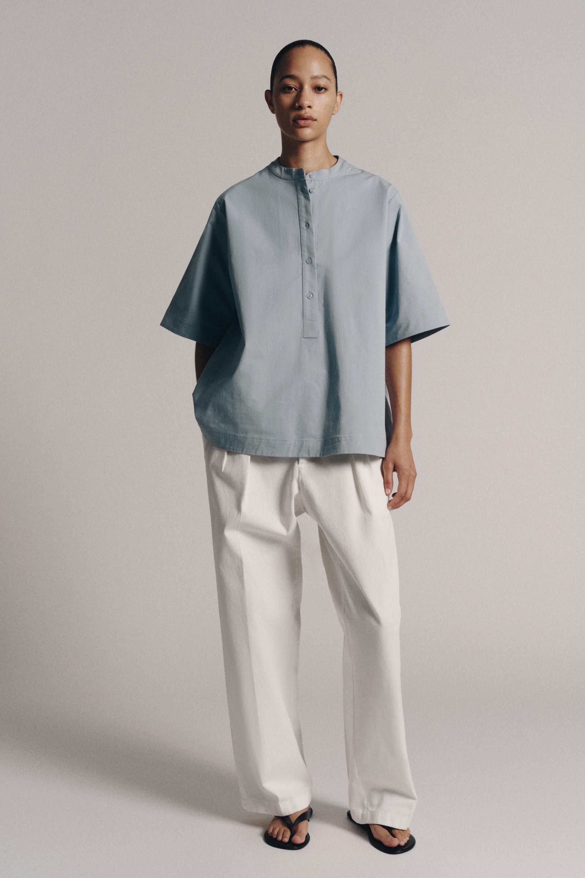 Zw Collection Short Sleeve Shirt - Blue Grey - Xs