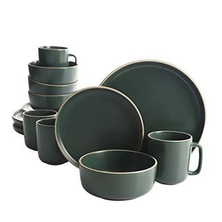 Gibson Home Zuma 16 Piece Round Kitchen Dinnerware Set, Dishes, Plates, Bowls, Mugs, Service for 4, Matte Stoneware, Green