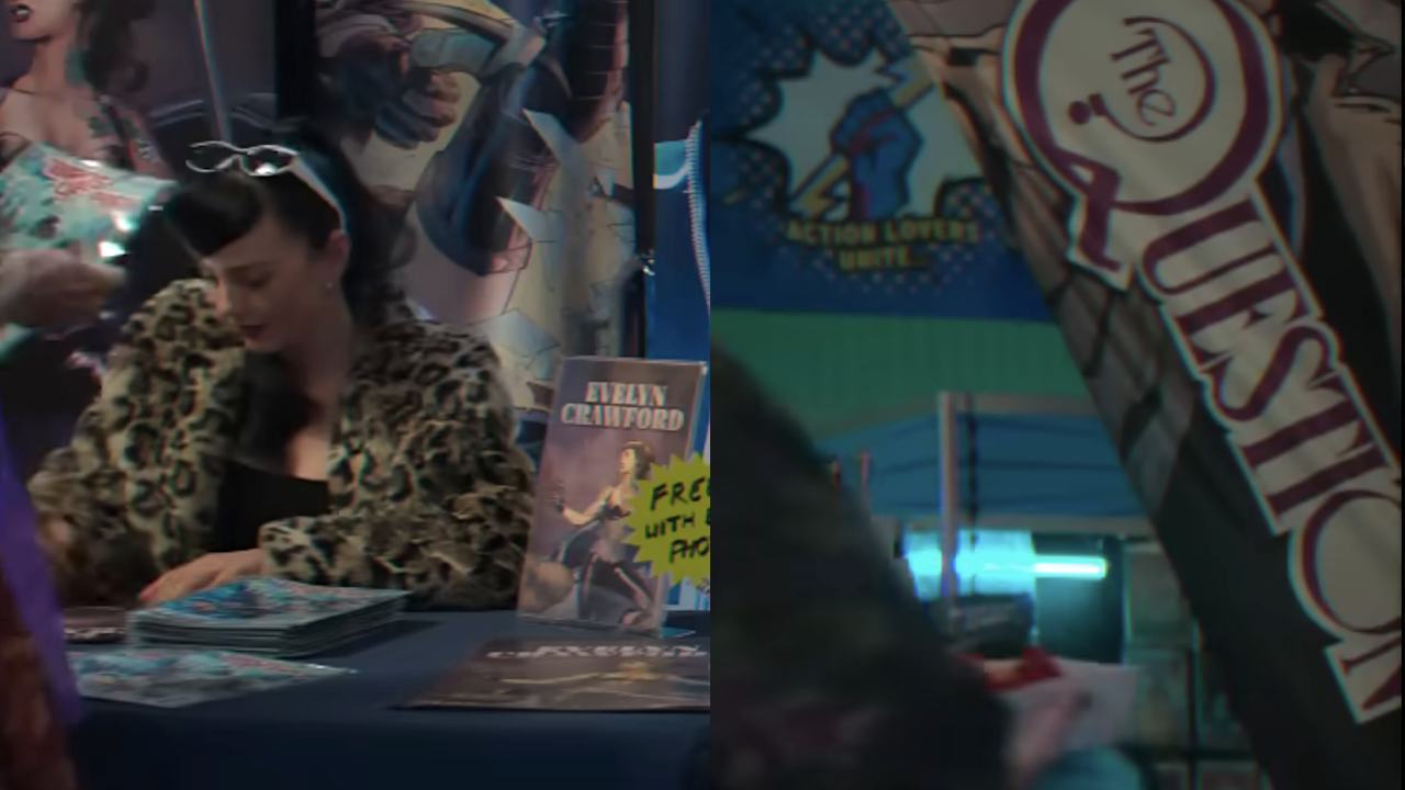 Side by side: comic artist for Evelyn Crawford, comic convention poster display for DC's The Question