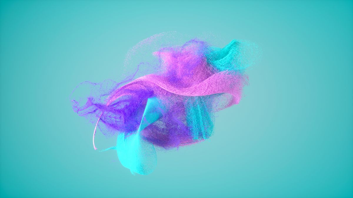 A CGI cloud of purple, blue, and green particles representing vaporware. It is set against a pale blue background.