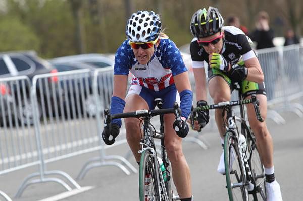 Kristin Armstrong leads the breakway with Judith Arndt at the 2012 Tour of Flanders