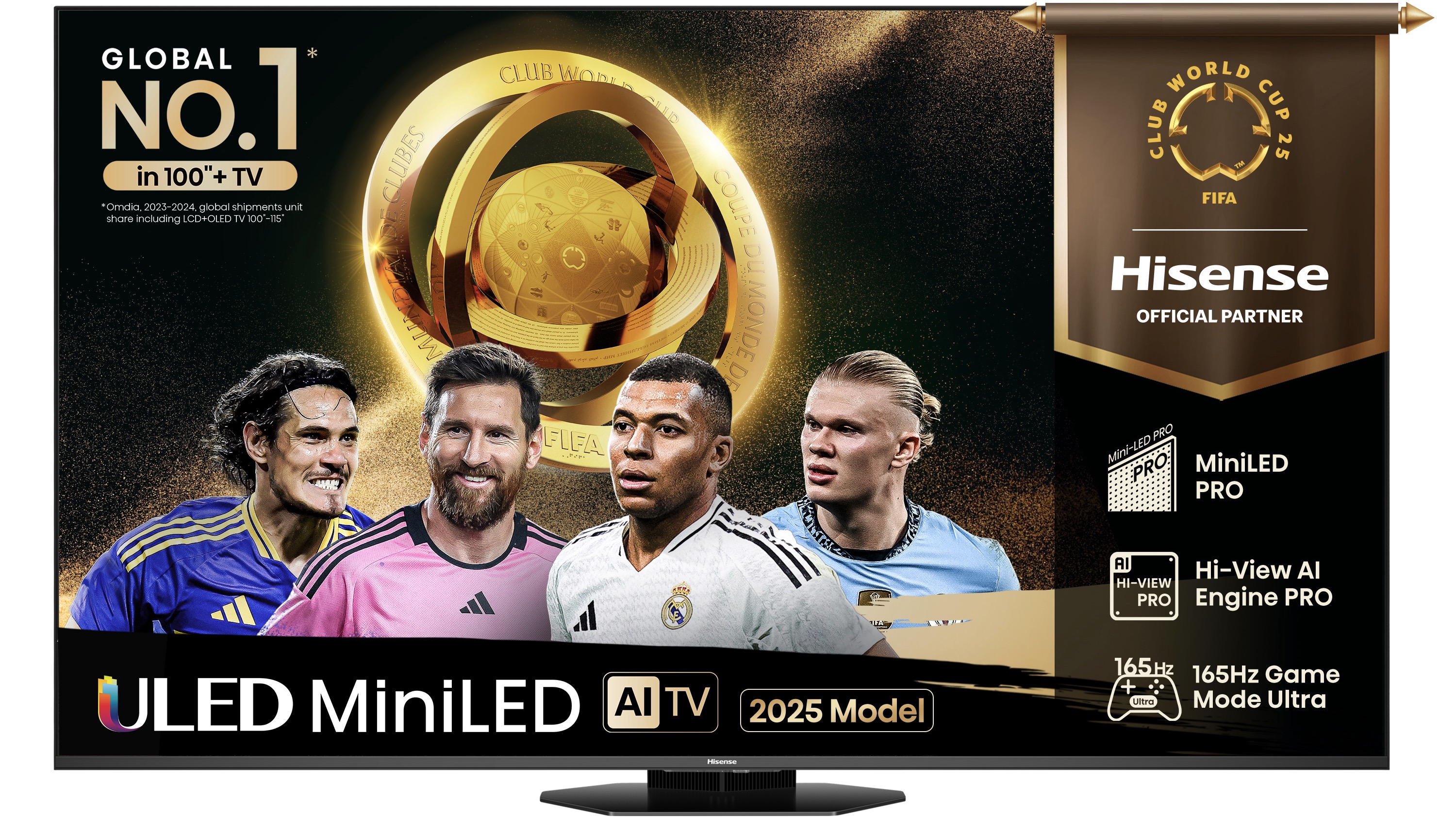 The Hisense U8Q TV on a white background. On screen is a graphic showing the company's sponsorship of the FIFA Club World Cup 2025.