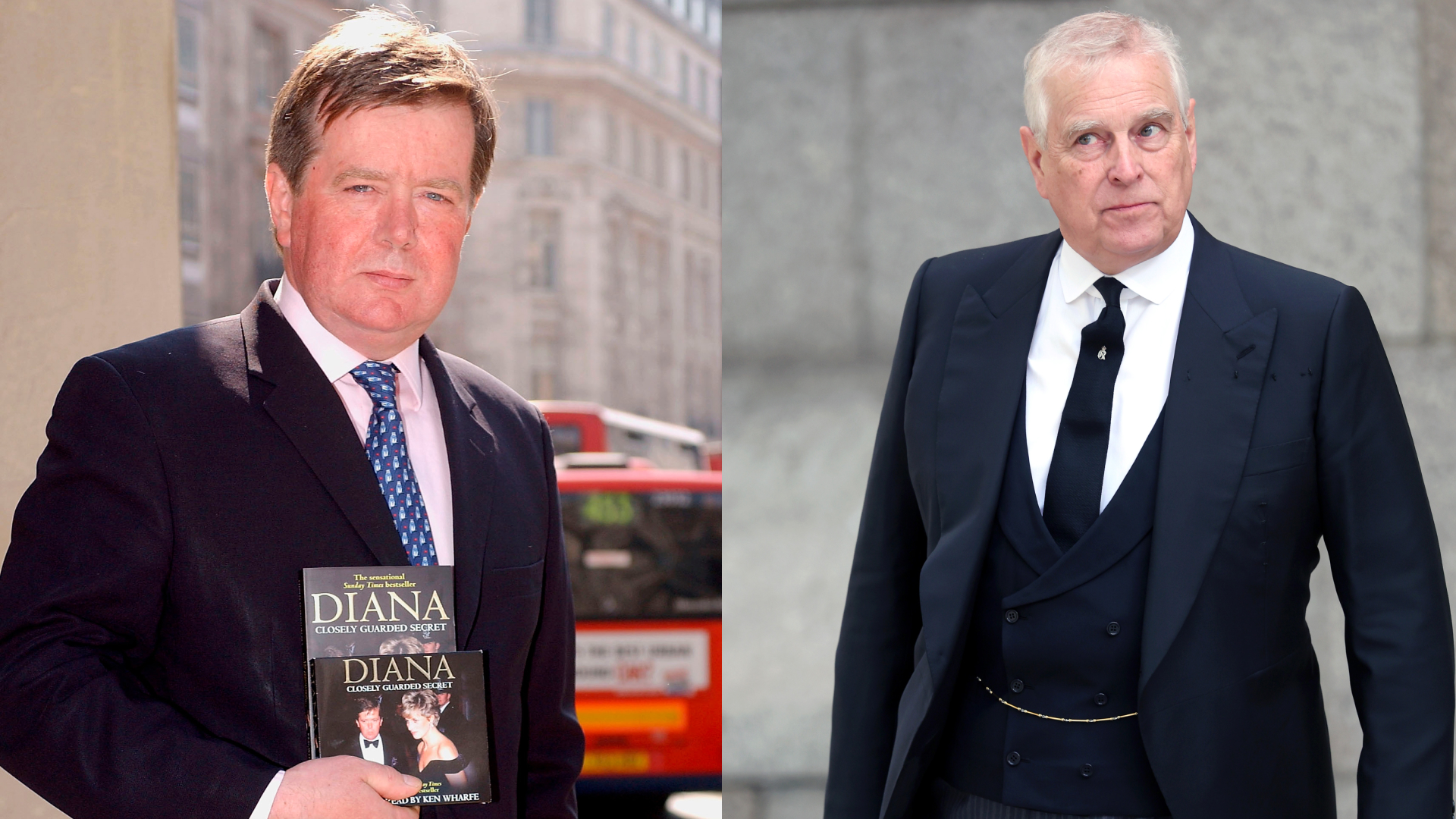 Ken Wharfe holding a copy of his book about Princess Diana; Andrew Mountbatten-Windsor wearing a suit and tie
