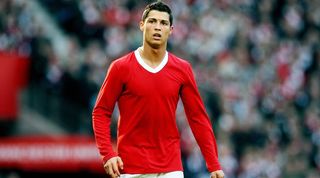 Cristiano Ronaldo in action for Manchester United against Manchester City in a special Munich anniversary kit in February 2008.