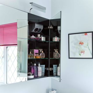 bathroom with white wall cabinet and frame