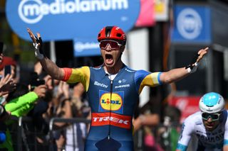 ANDORA ITALY MAY 07 Jonathan Milan of Italy and Team Lidl Trek celebrates at finish line as stage winner during the 107th Giro dItalia 2024 Stage 4 a 190km stage from Acqui Terme to Andora UCIWT on May 07 2024 in Andora Italy Photo by Dario BelingheriGetty Images