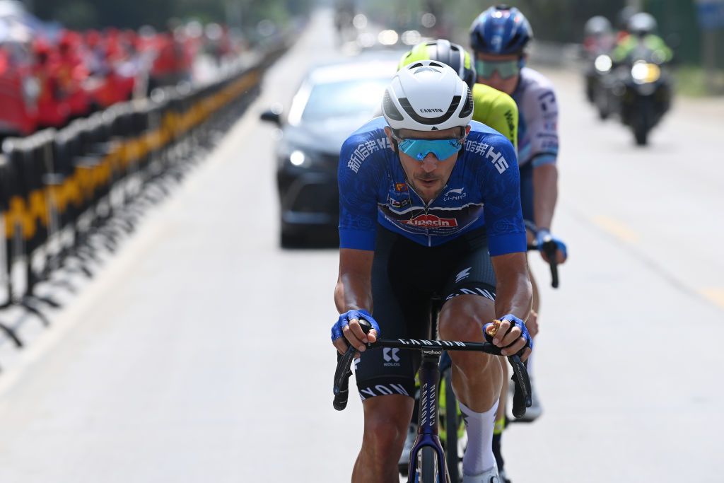 BEIHAI CHINA OCTOBER 13 LR Dries De Bondt of Belgium and Team AlpecinDeceuninck Blue Sprint Jersey competes in the breakaway during the 4th GreeTour of Guangxi 2023 Stage 2 a 1496km stage from Beihai to Qinzhou UCIWT on October 13 2023 in Beihai China Photo by Tim de WaeleGetty Images