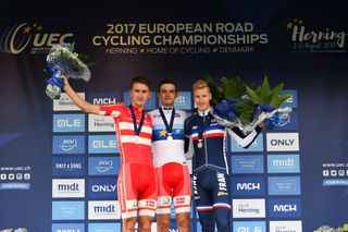 The men's Under 23 podium: Mikkel Bjerg, Kasper Asgreen (Denmark), and Corentin Ermenault (France)
