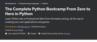 A screenshot of the Udemy website advertising the 'The Complete Python Bootcamp From Zero to Hero in Python' course