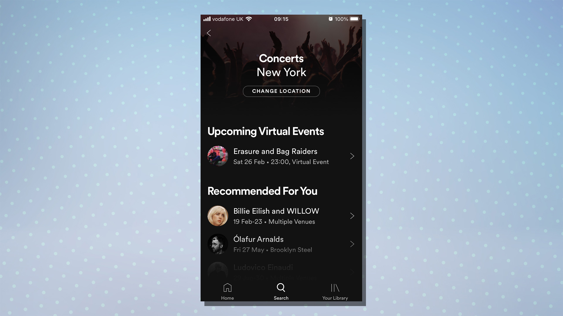 Скриншот из Spotify, показывающий функцию билетов на концерт.