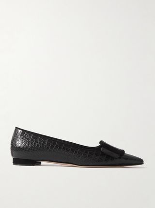 Maysale 10 Buckled Suede-Trimmed Croc-Effect Leather Point-Toe Flats