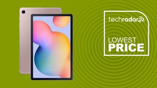 Samsung Galaxy Tab S6 Lite in pink on green background with TechRadar lowest price sign