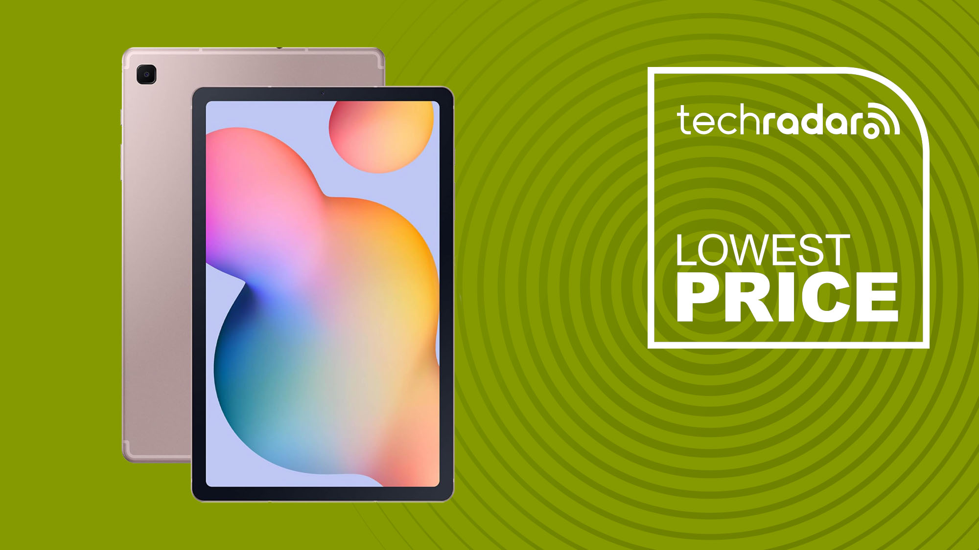 Samsung Galaxy Tab S6 Lite in pink on green background with TechRadar lowest price sign