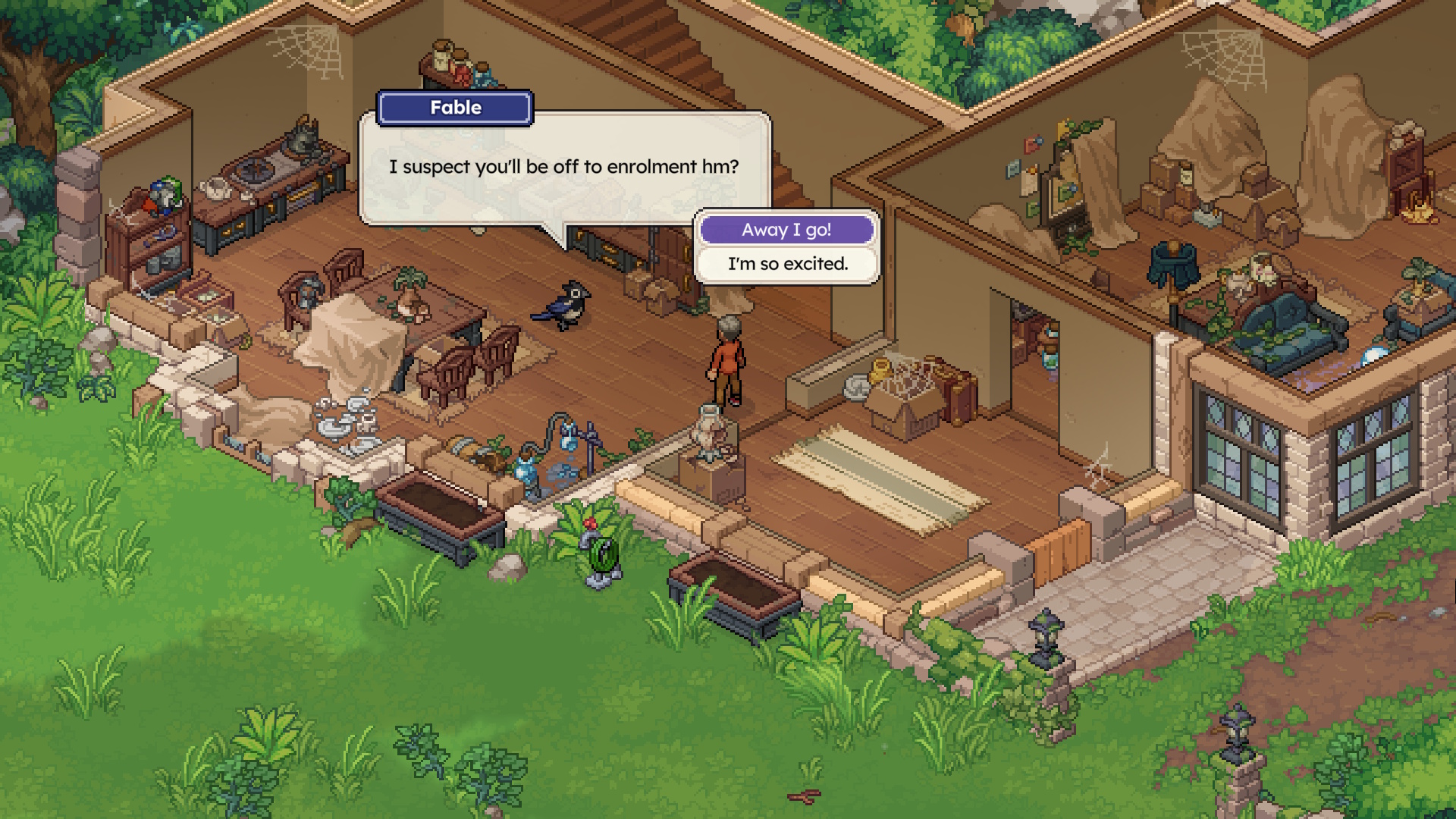 Talking to Fable in your cottage in Witchbrook