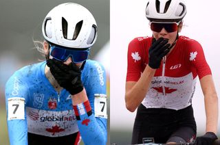 Isabella Holmgren shows similar reactions to winning junior World Championship titles in 2023 for cyclocross (left) and MTB cross-country (right)