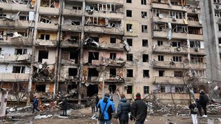 A damaged residential building in a suburb of the Ukrainian capital Kyiv