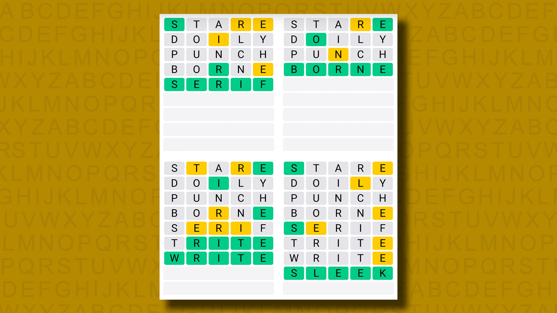 Respuestas de Quordle para el juego 979 sobre un fondo amarillo