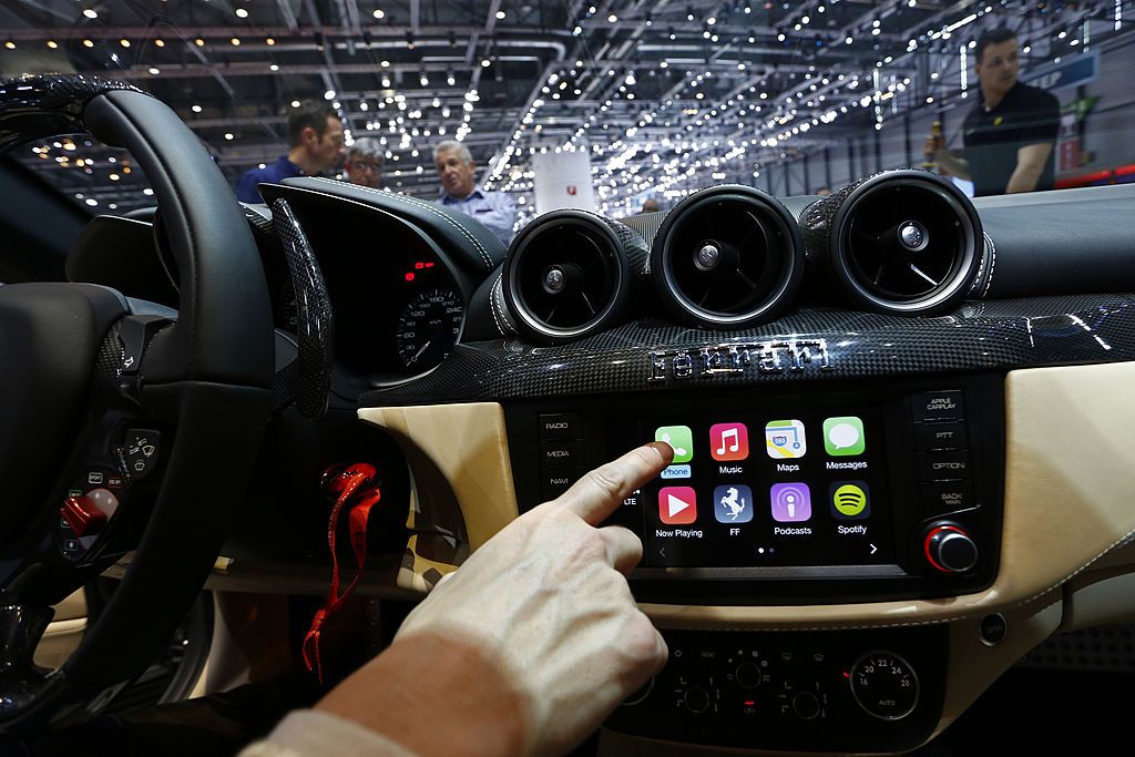 Apple Inc.&#039;s CarPlay system is seen in the touchscreen console of a Ferrari FF automobile in 2014