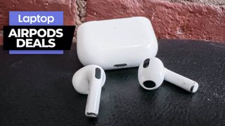 Apple AirPods with charging case on a leather chair with a brick wall background