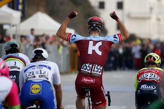 Marcel Kittel celebrates his win with a victory salute at stage 2 of Tirreno-Adriatico