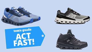 Three styles of On running shoes shown against blue backdrop