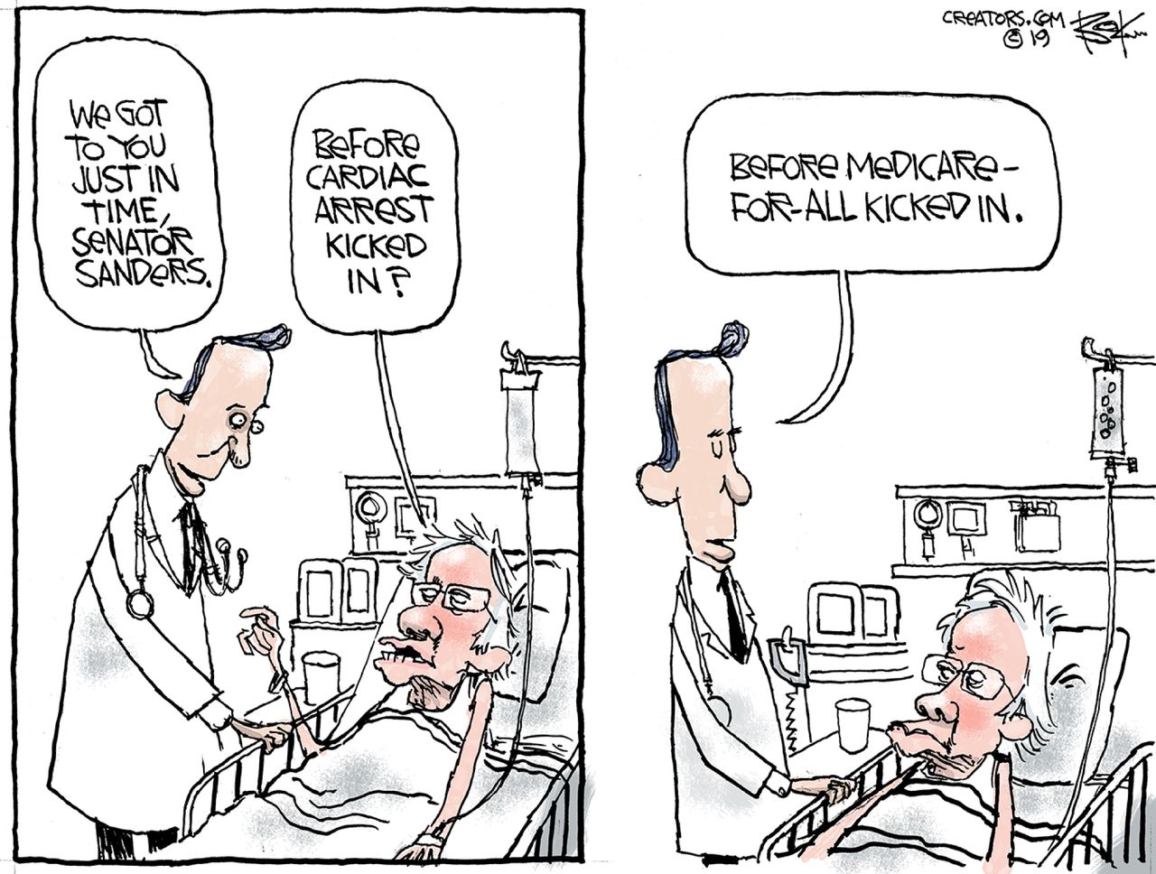 Political Cartoon U.S. Sanders Medicare Cardiac Arrest