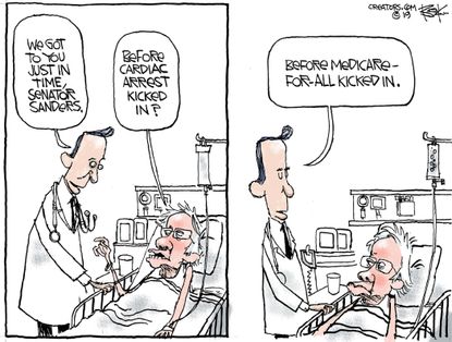 Political Cartoon U.S. Sanders Medicare Cardiac Arrest