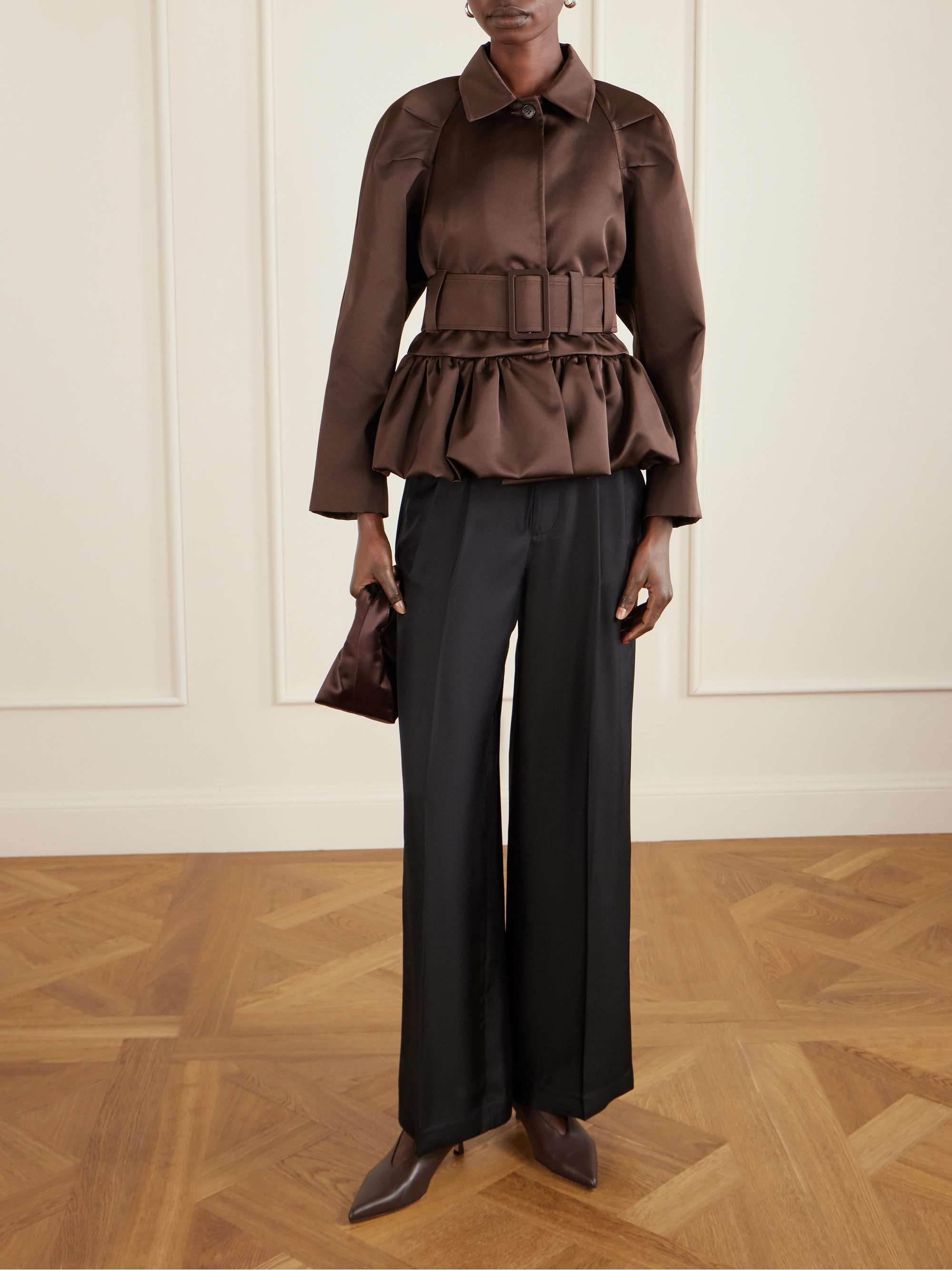 Belted Cotton-Blend Satin Peplum Jacket