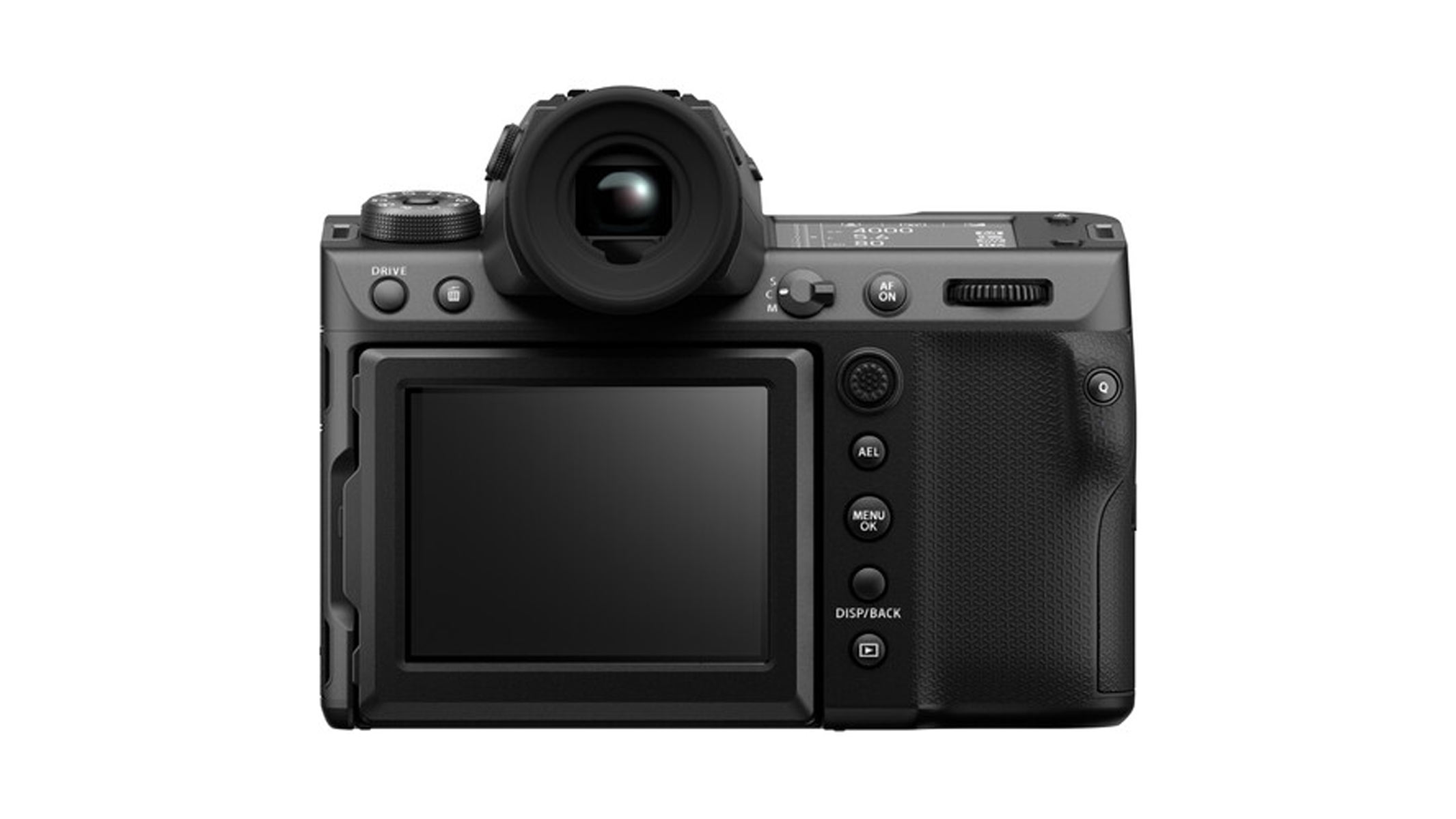 A back view of the Fujifilm GFX100 II showing its screens and buttons