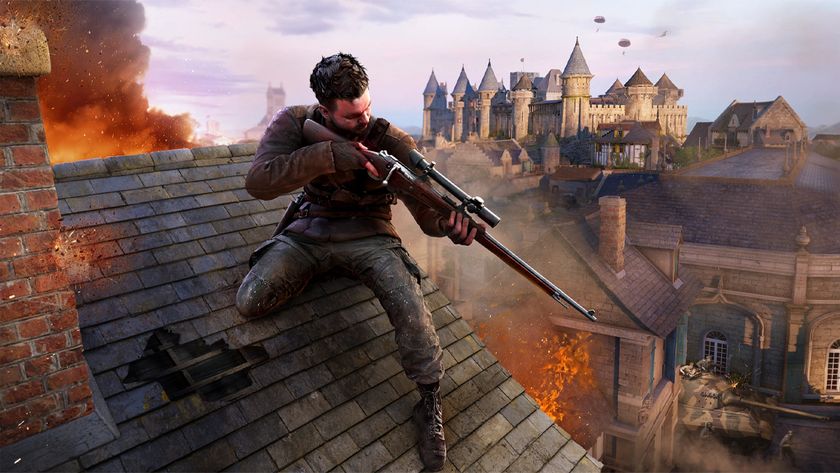 Sniper Elite Resistance review; a man kneels on a roof looking down a rifle scope