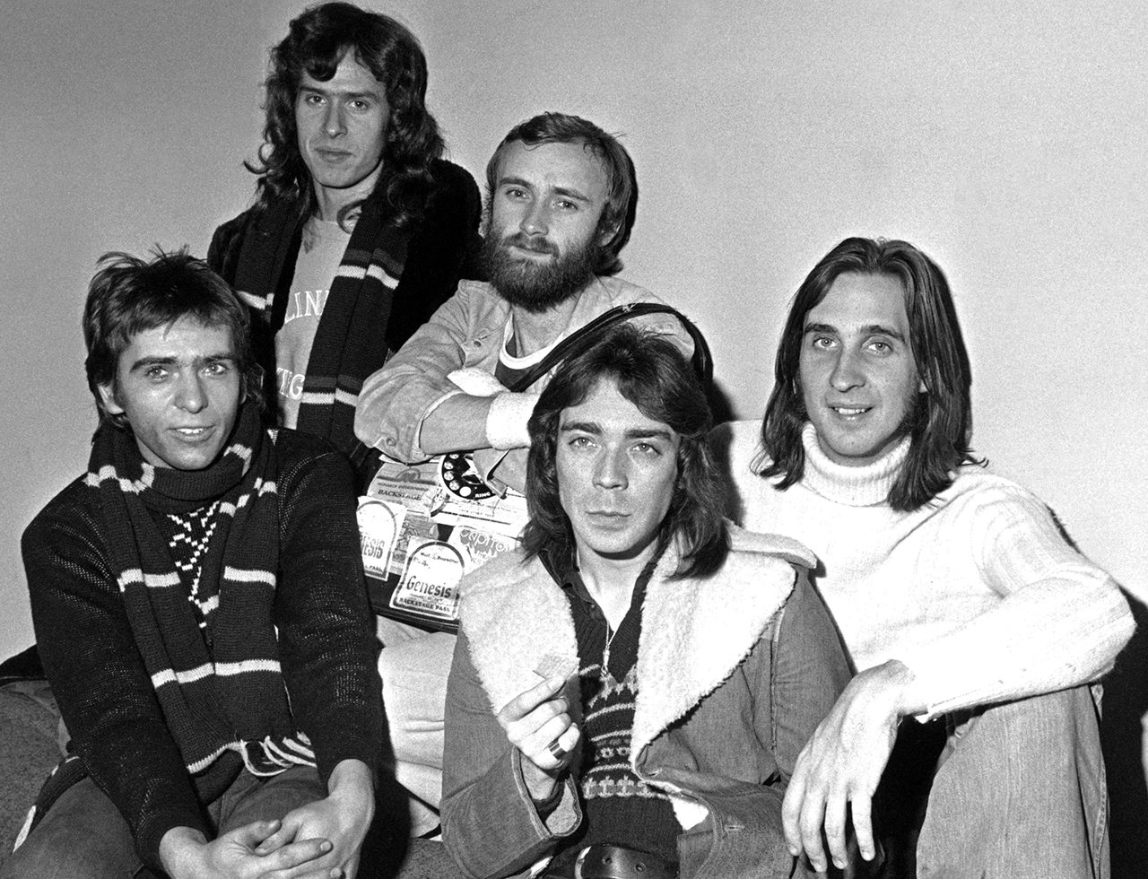 DENMARK - FEBRUARY 21: Photo of GENESIS; Genesis ( Peter Gabriel, Phil Collins, Mike Rutherford, Tony Banks, Steve Hackett ) after a show (The Lamb lies down on Broadway), 21 Feb. 1975. Copenhagen, Denmark (Photo by Jorgen Angel/Redferns)