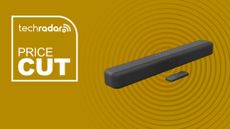 Amazon Fire TV Soundbar on yellow background with price cut sign