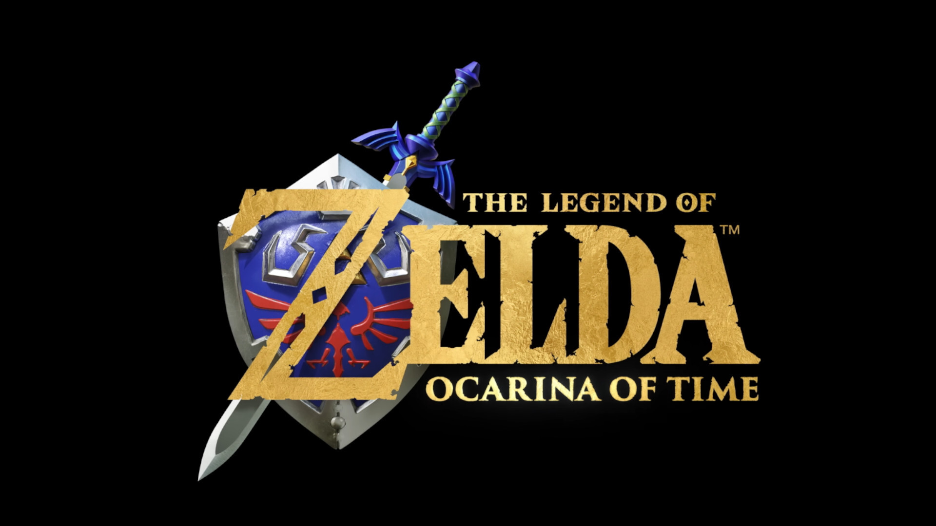 The Legend of Zelda: Ocarina of Time logo for the Nintendo Switch 2, with the writing in gold with a blue Hyrule shield and master sword crossed behind the Z