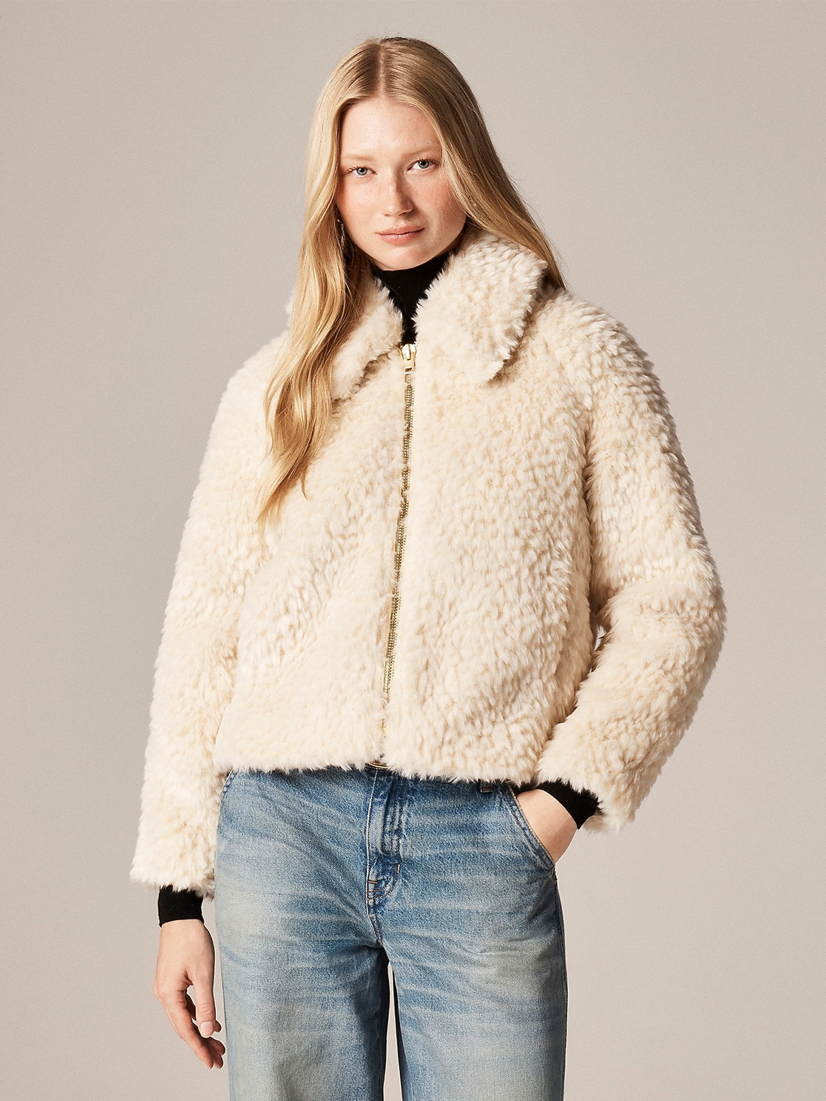 Zip-Up Jacket in Textured Faux Fur