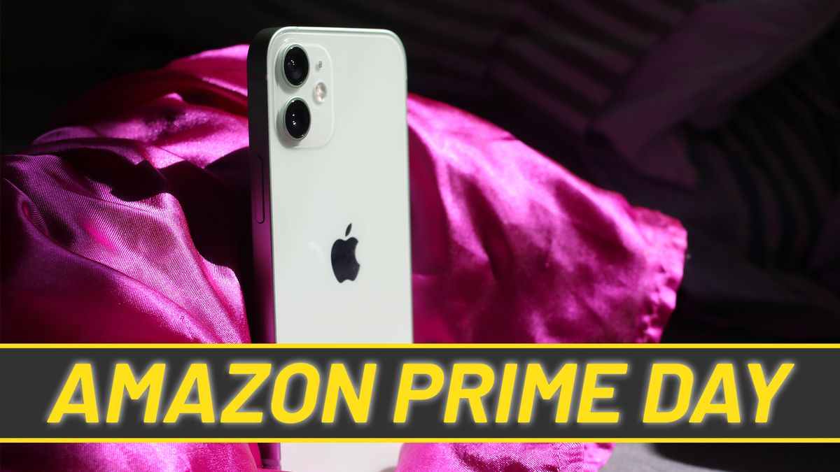 A photograph of the Apple iPhone 12 mini overlaid with a banner with text reading &amp;#039;Amazon Prime Day&amp;#039;