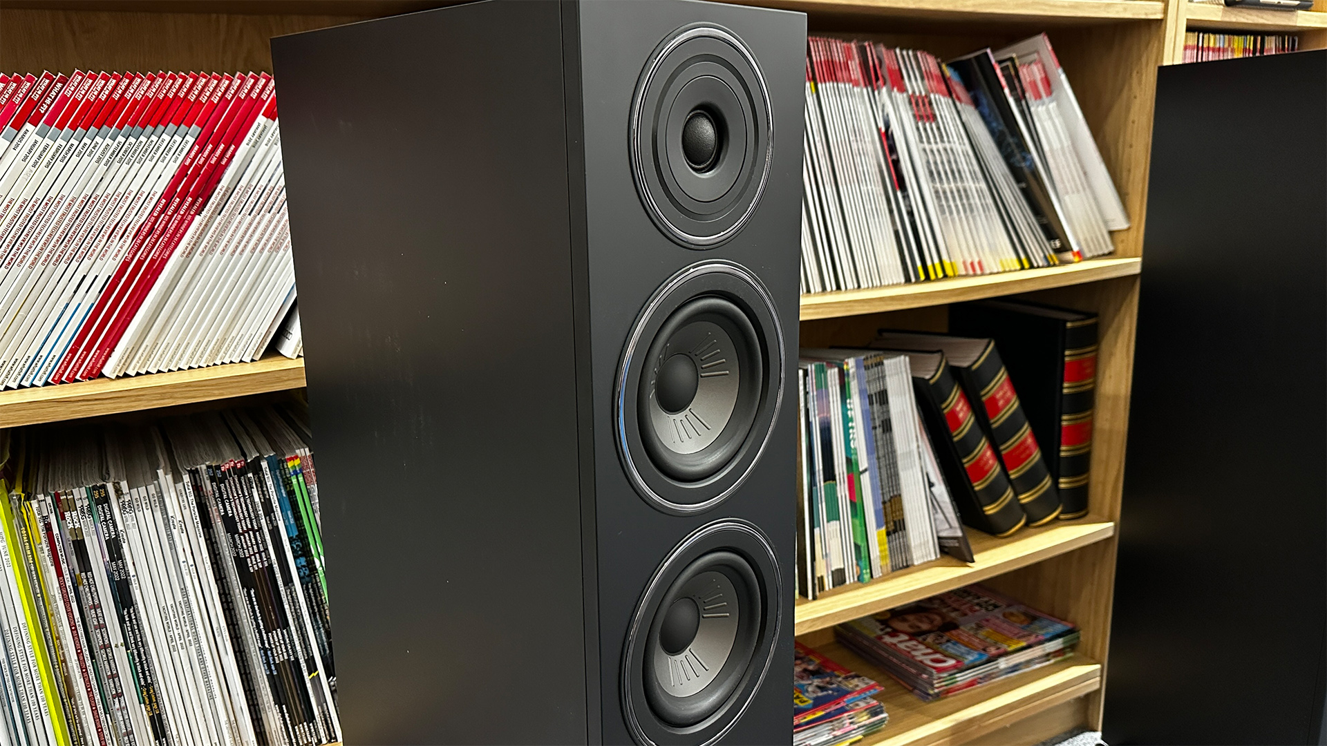 Wharfedale Diamond 12.3i floorstanding speakers in front of bookcase