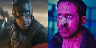 Side-by-side images show Captain America (Chris Evans) in Avengers: End Game and K (Ryan Gosling) in Blade Runner 2049.