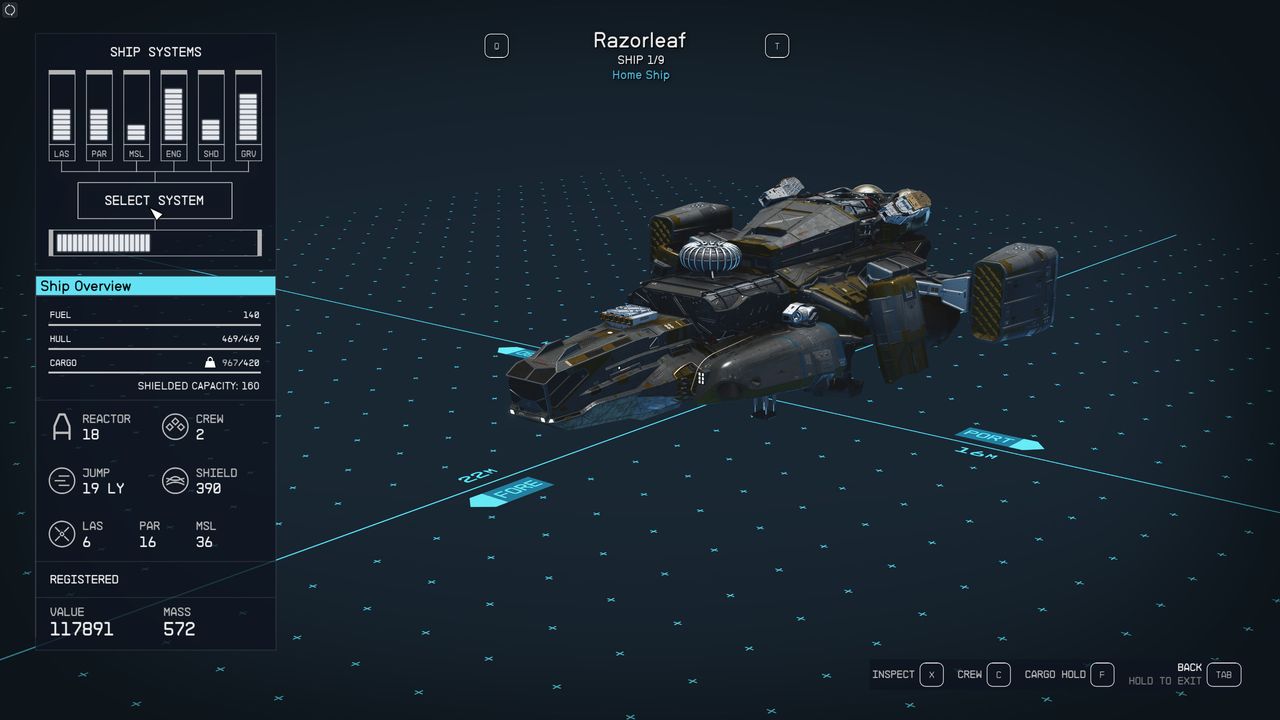 Inspecting the components of the Razorleaf ship in the Starfield shipbuilding interface.