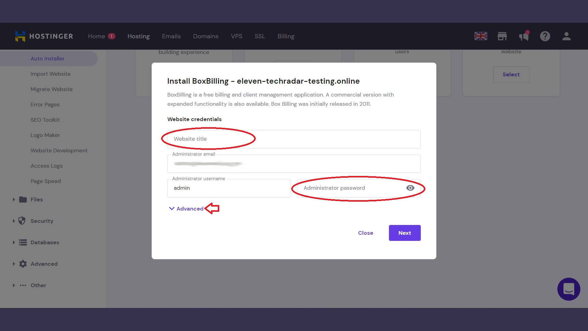 Hostinger BoxBilling auto-install preparation window.