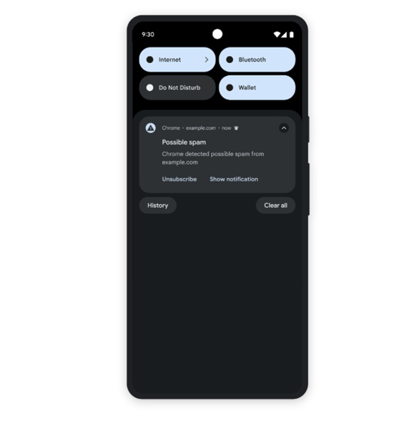 An example of Google Chrome on Android's malicious notification alert, fueled by Gemini and machine learning intelligence.