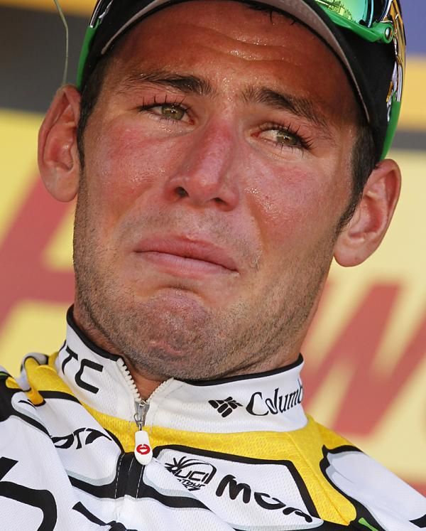 Mark Cavendish was understandibly emotional on the podium after finally getting his first Tour stage win of the year.