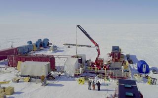 The expedition site over subglacial Lake Mercer on the West Antarctic ice sheet, showing the crane arm equipped with hot-water drill equipment.