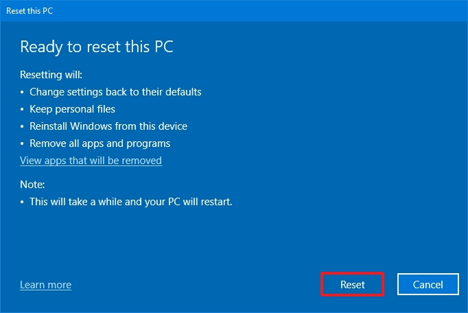 Windows 10 reset device option