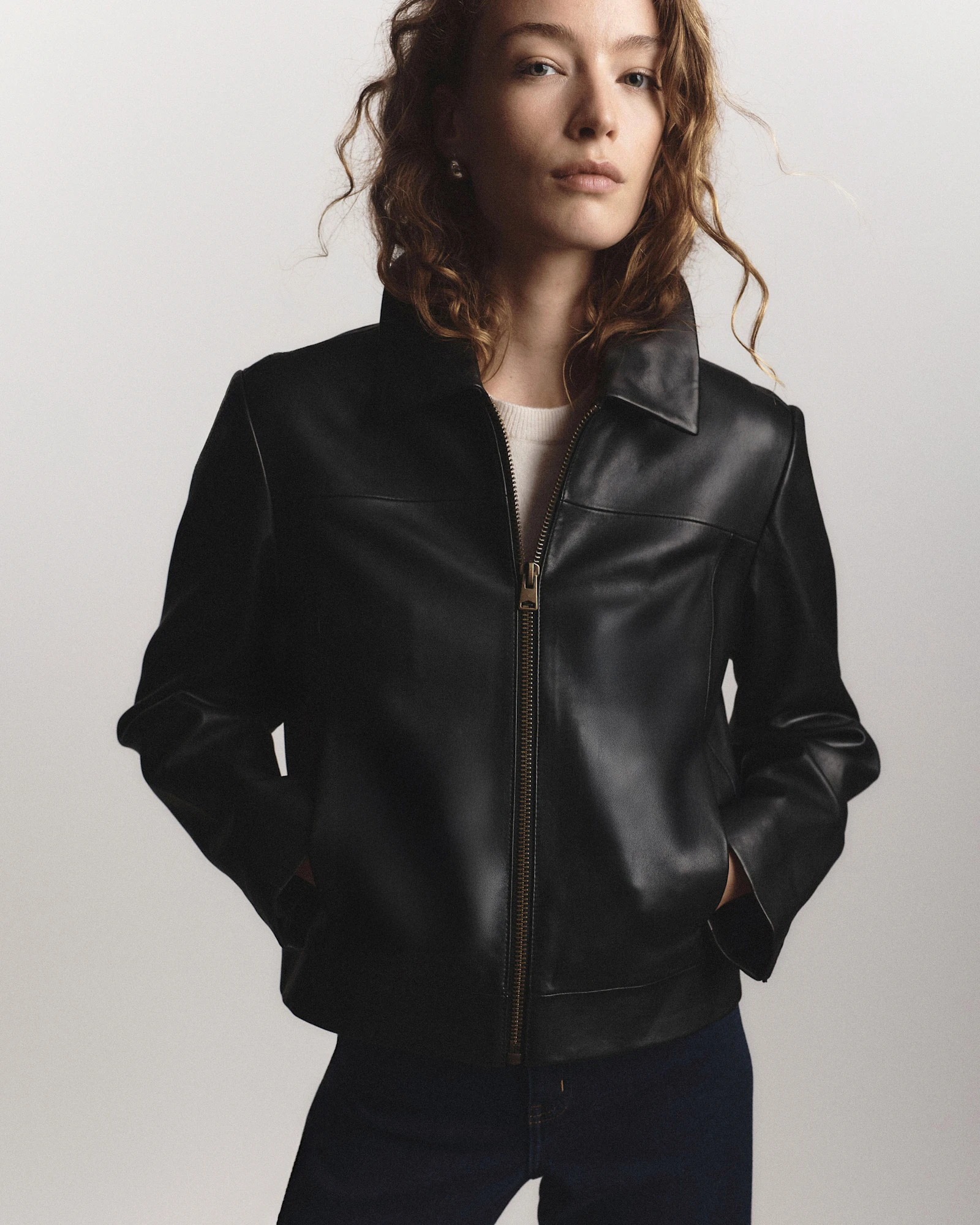 100% Leather Cropped Zip-Front Jacket in True Black, Size Xs