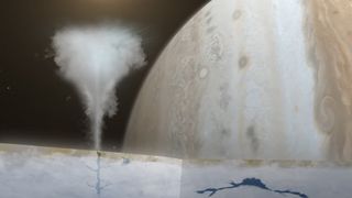 An artist's illustration of water plumes erupting from the icy ocean of Jupiter's moon Europa.
