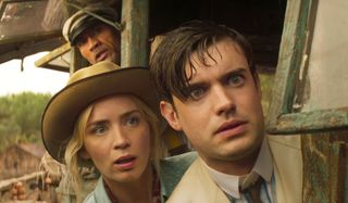 Dwayne Johnson Emily Blunt and Jack Whitehall looking worried in Jungle Cruise.