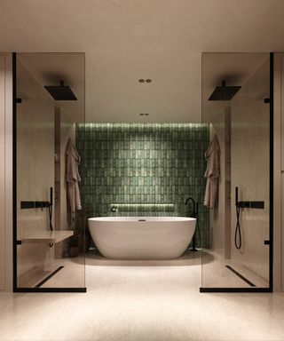 green and beige minimalist bathroom with double shower