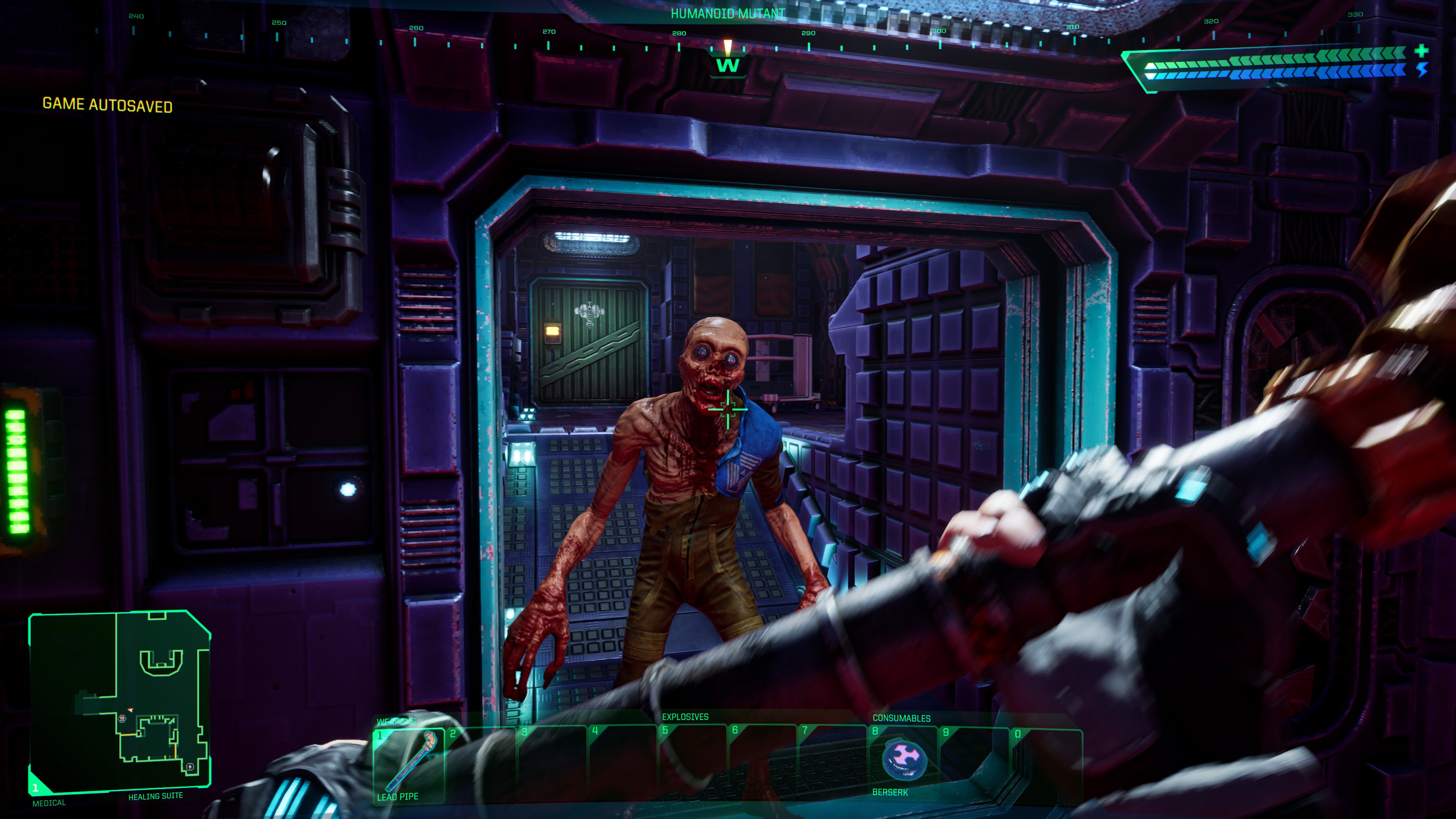 The player attacks a mutant in the System Shock remake.
