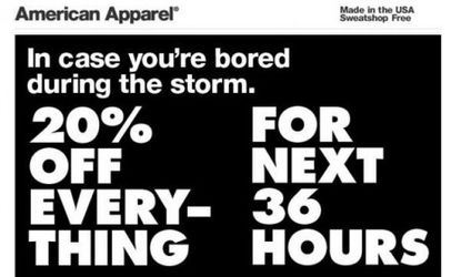 The hipster retailer sent out a "Hurricane Sandy Sale" email blast offering 20 percent off to customers in the storm-ravaged areas. 